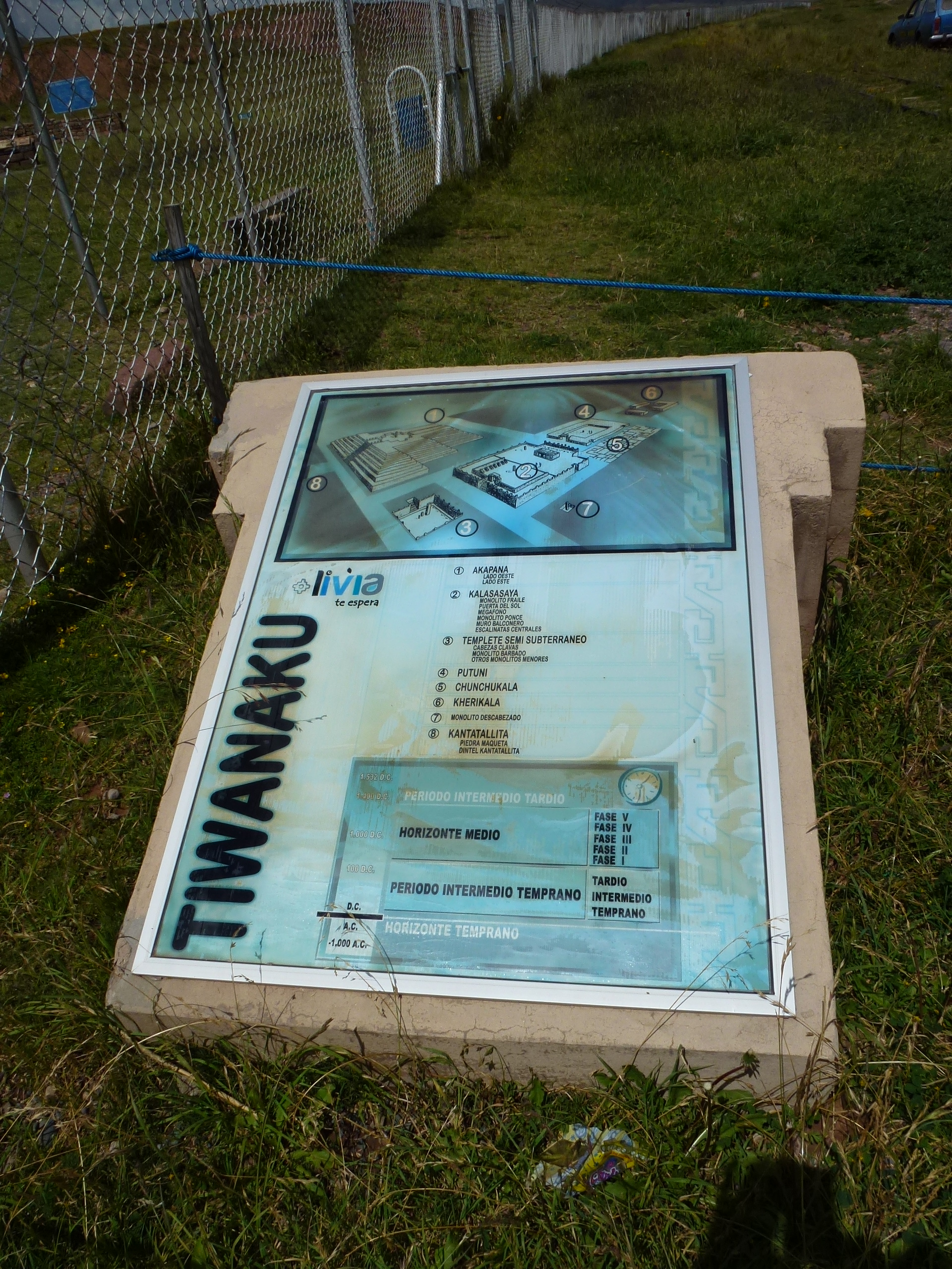 「TIWANAKU」と書かれたティワナク遺跡の案内板