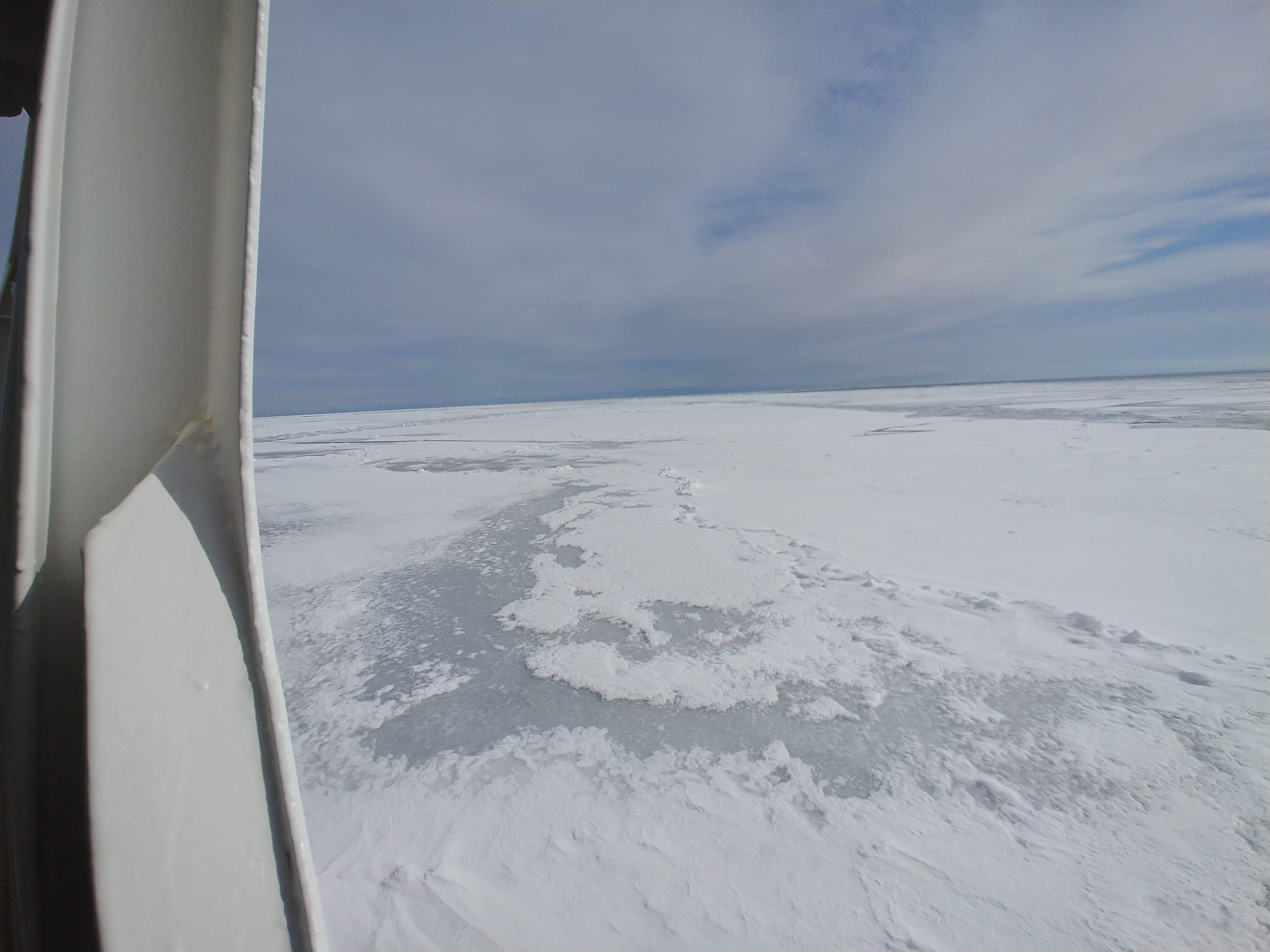 船の窓から見た、水平線まで続く白い流氷