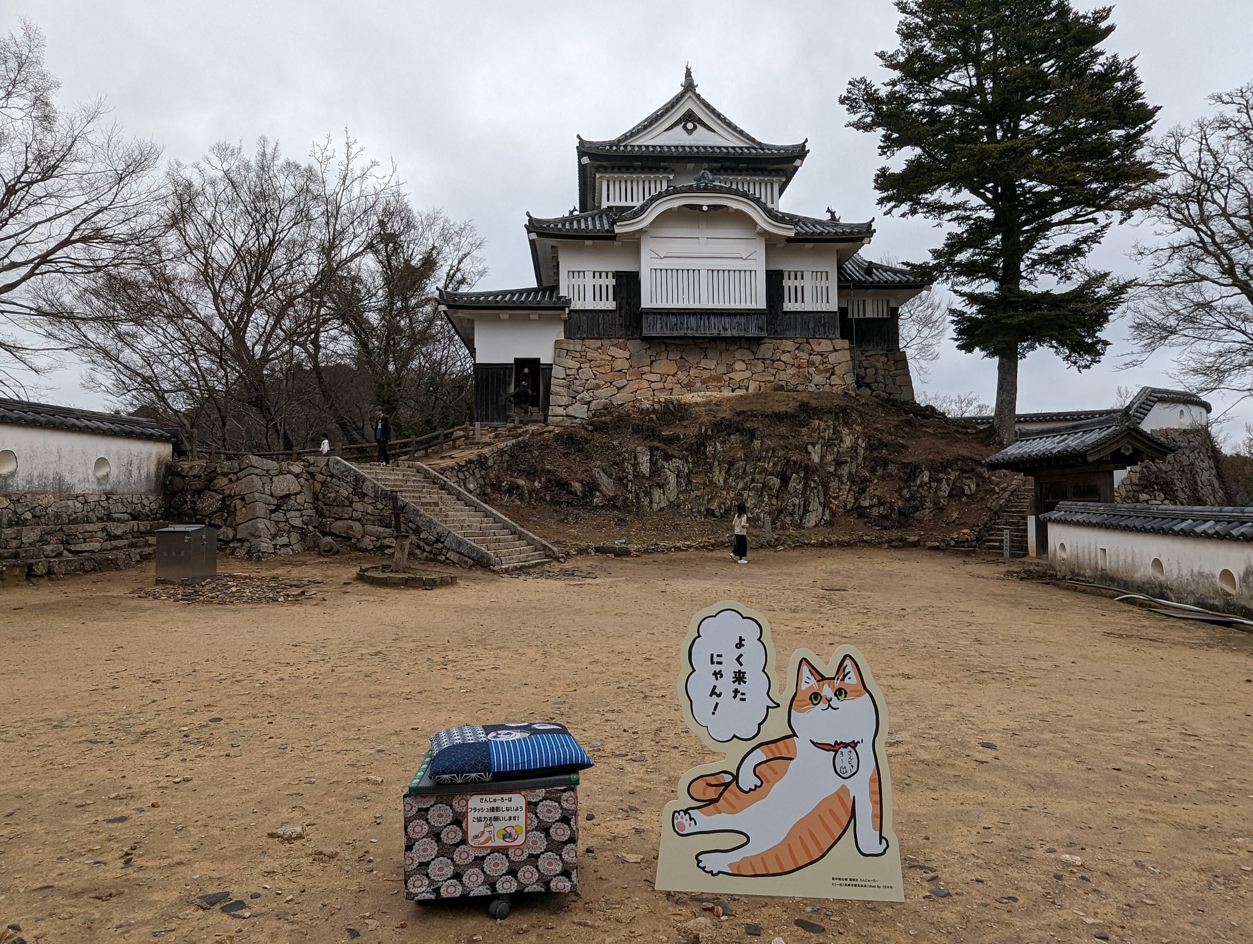 天守の前の広場に立つ、猫のイラストのパネル