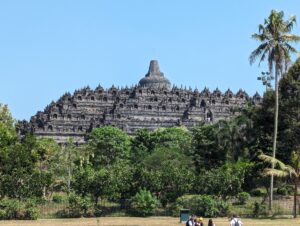 青空の下、緑の木々の向こうにそびえるボロブドゥール遺跡