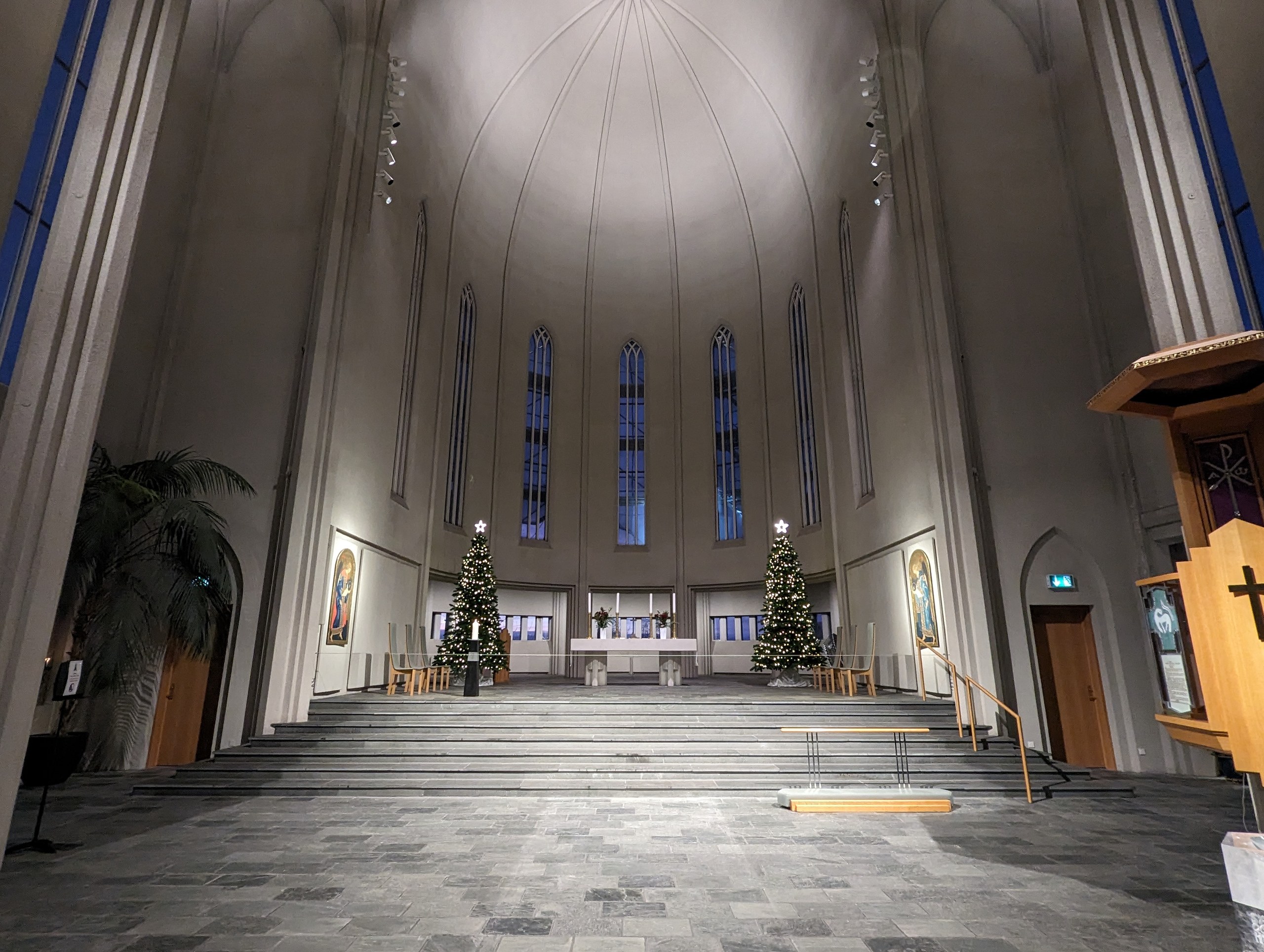 クリスマスツリーが飾られた、祭壇の前