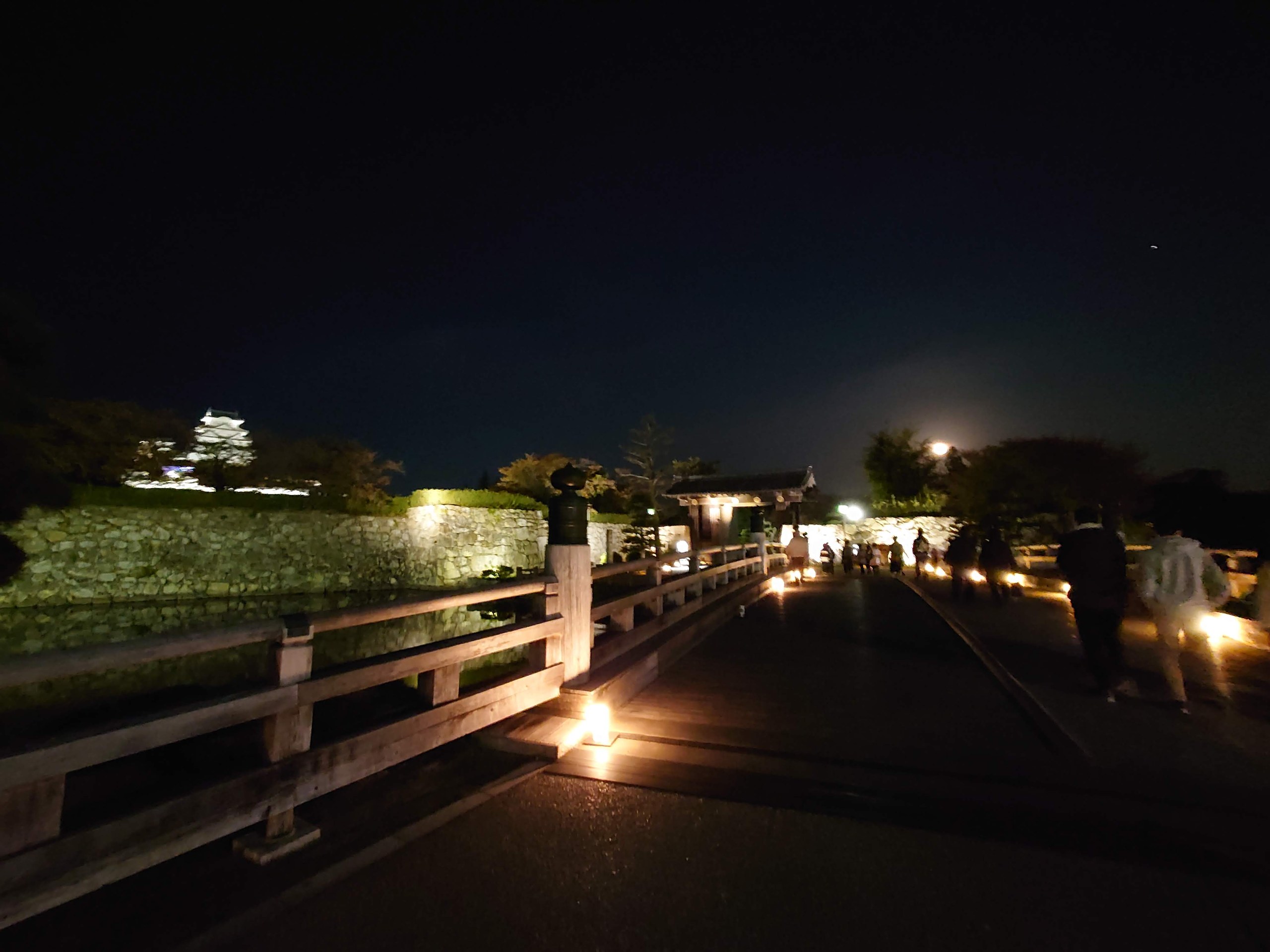 明かりがともる城への道と満月