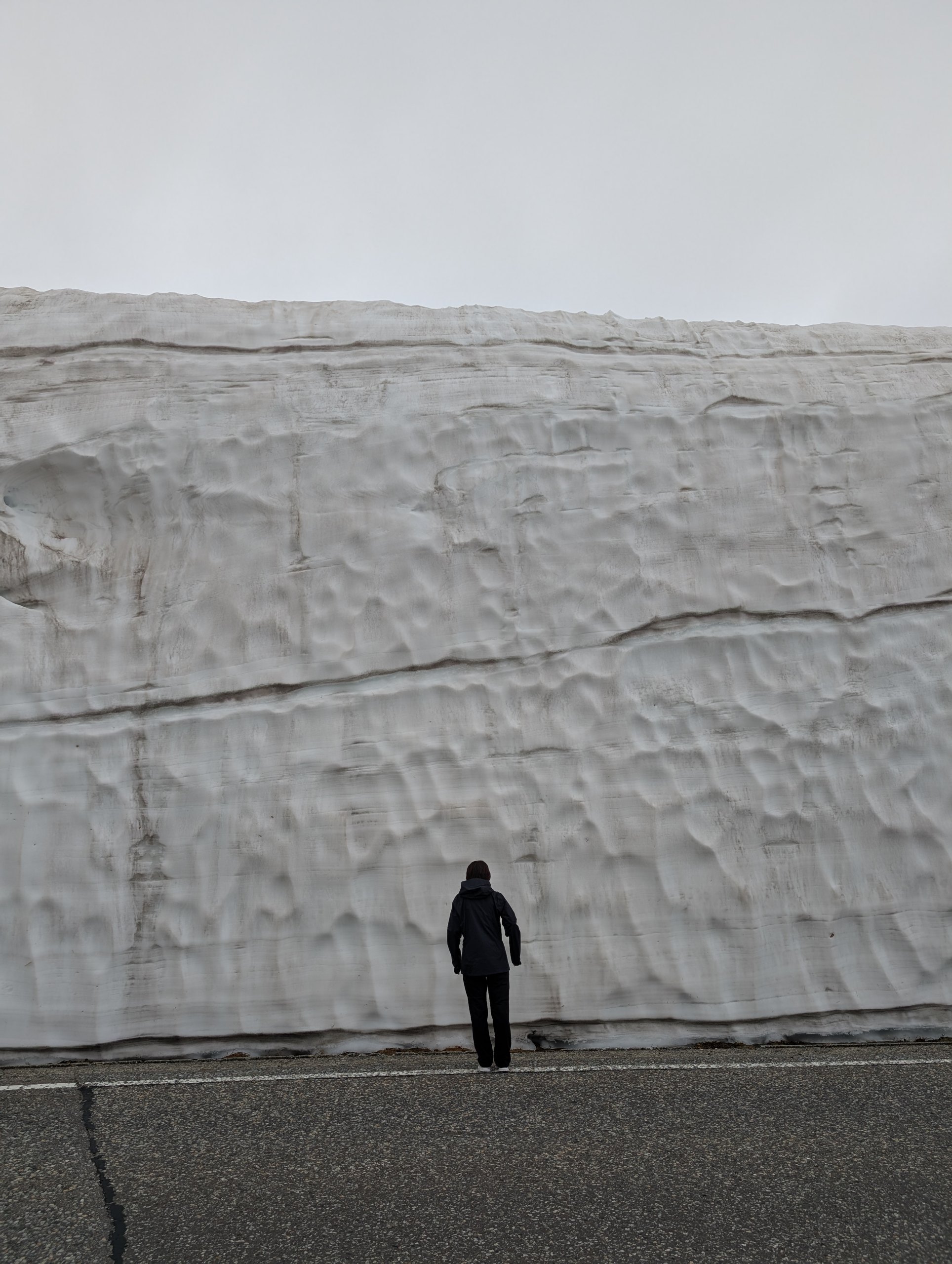 雪の壁の前に立つ人と、見上げるほどの雪の壁