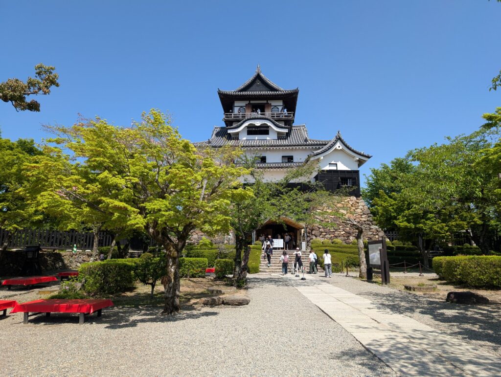 青空の下、木々の向こうに立つ犬山城の天守
