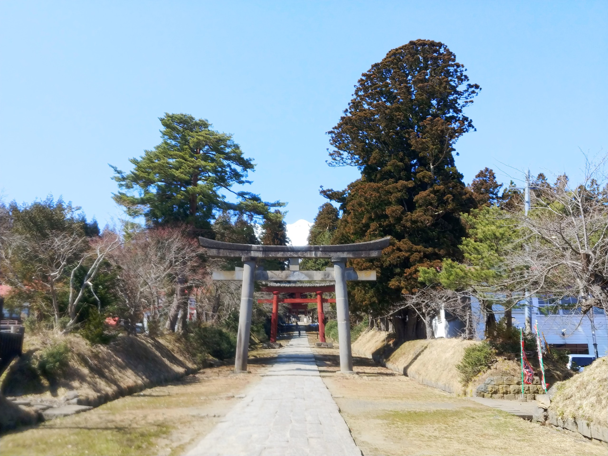 石の鳥居の先にまっすぐ続く参道