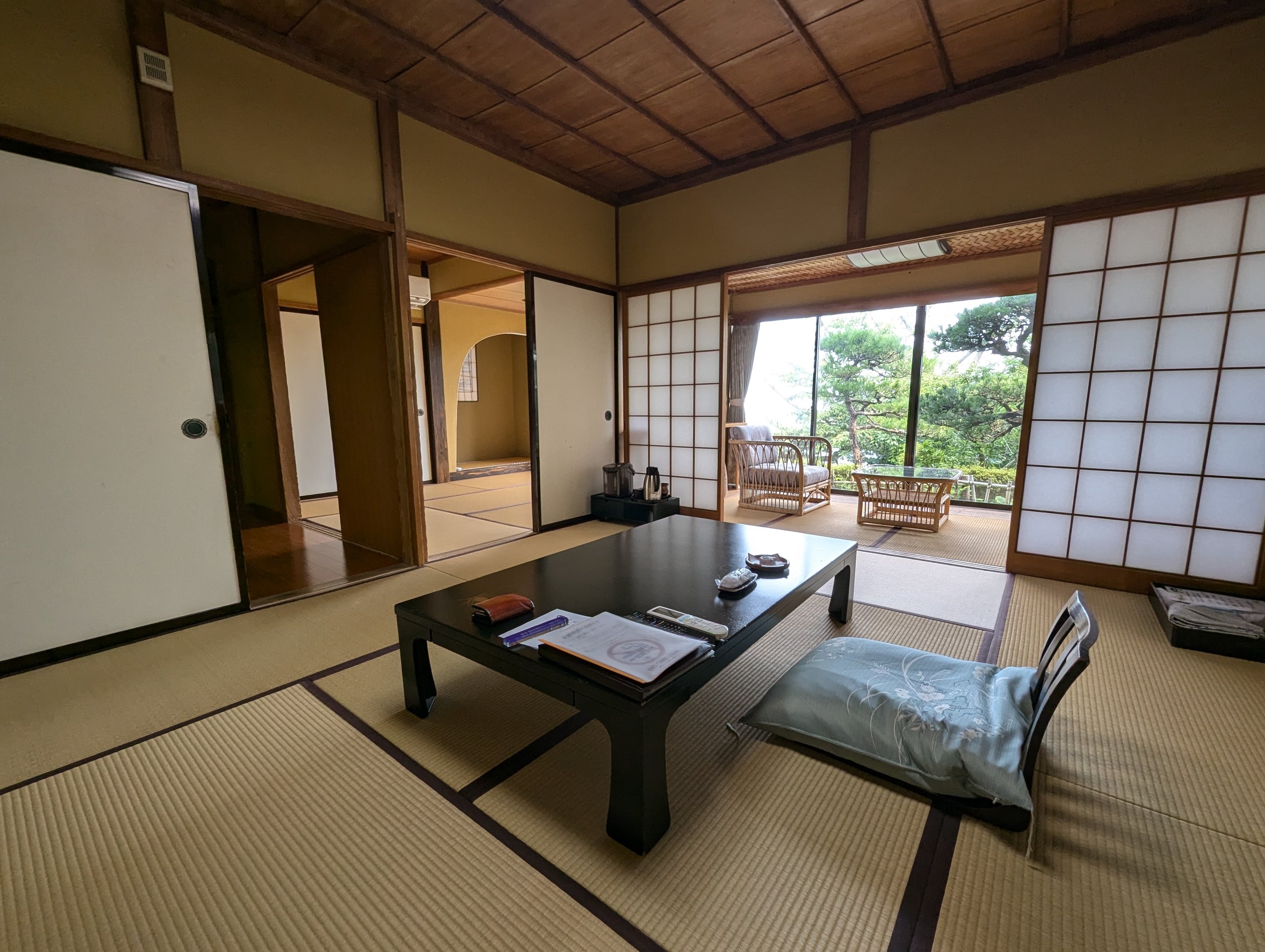 窓の外に松と海が見える、広い和室