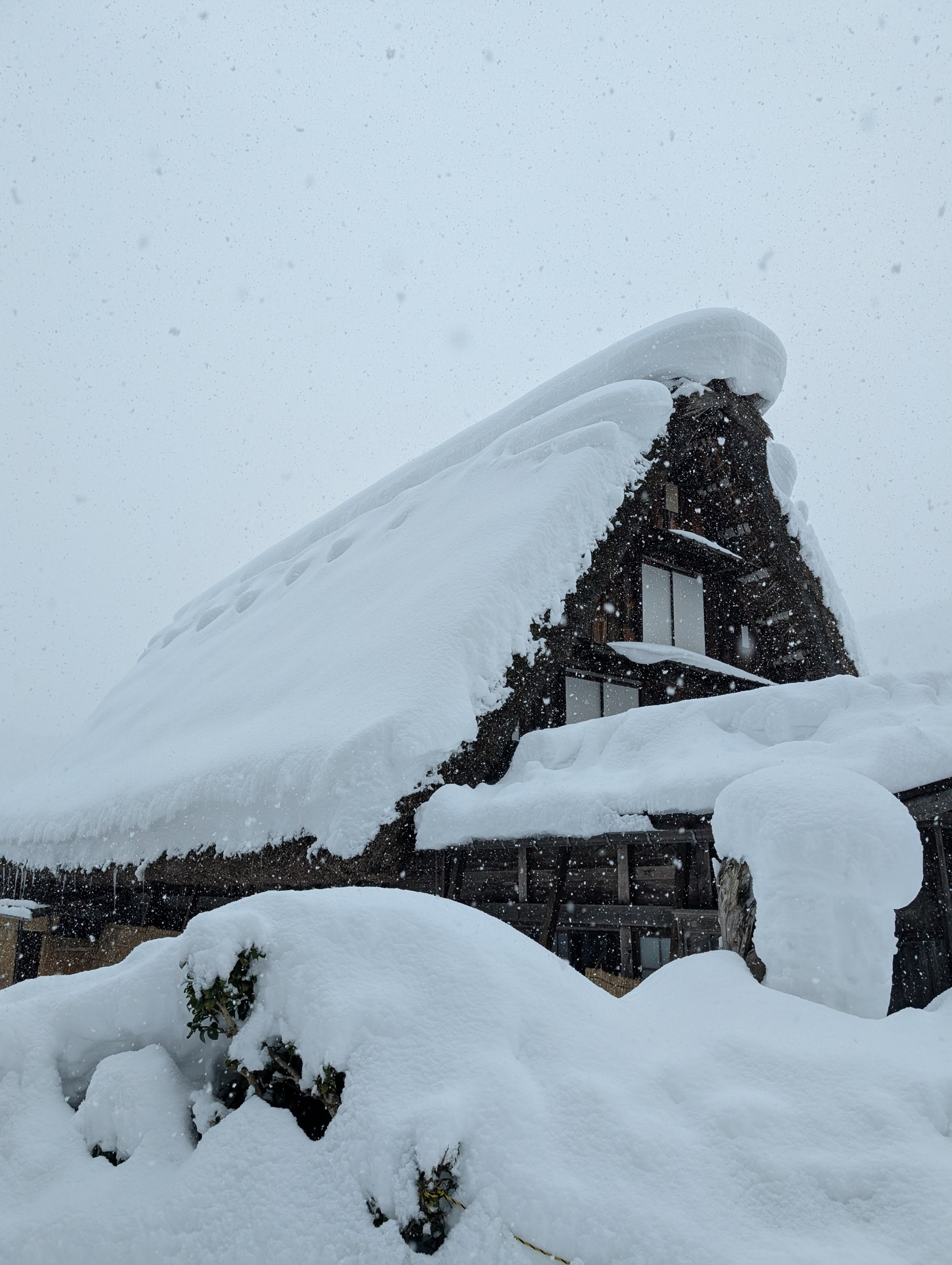 雪が降る朝の、合掌造りの家