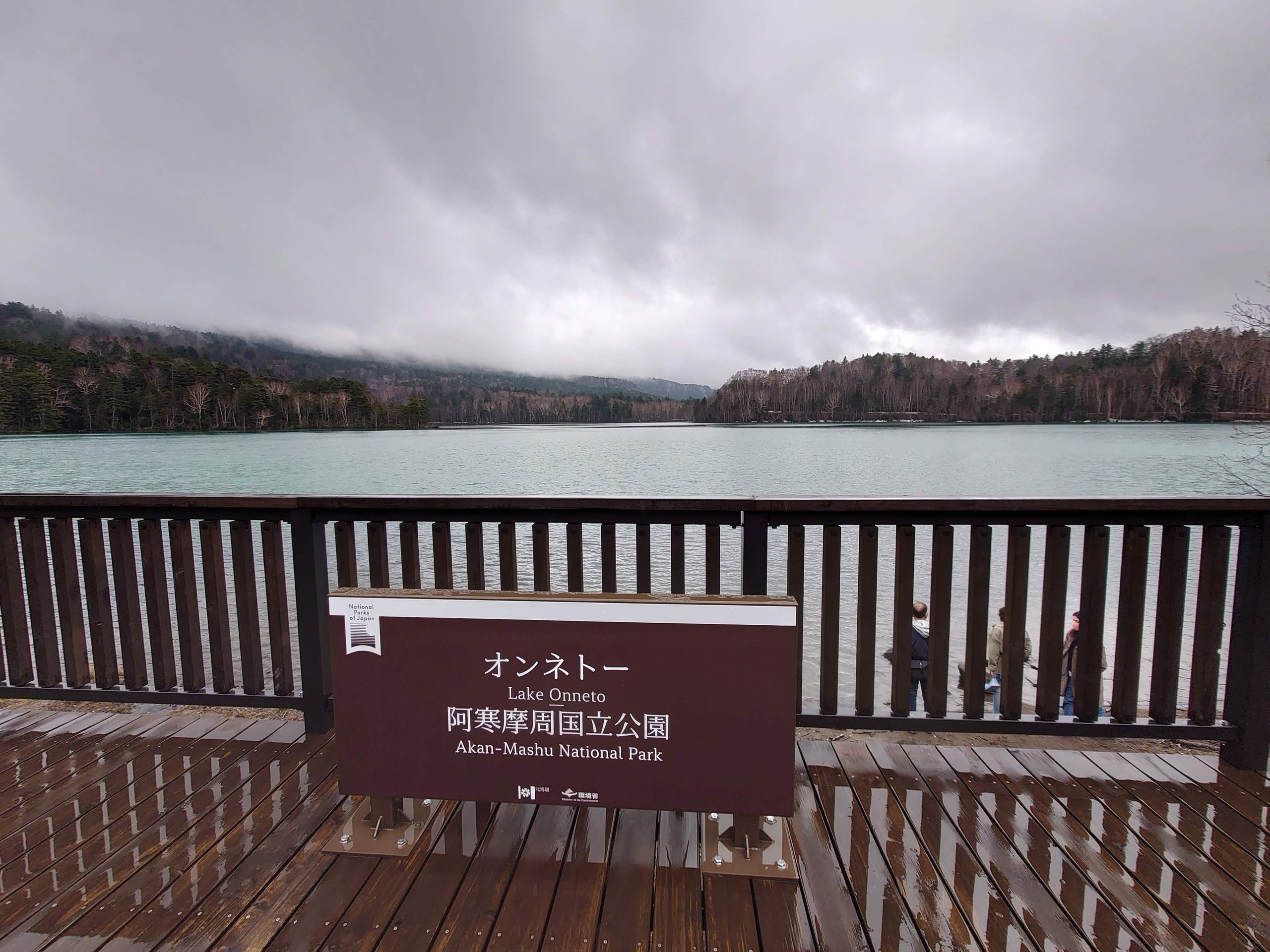 展望デッキの手すりと、雲に覆われた山と湖