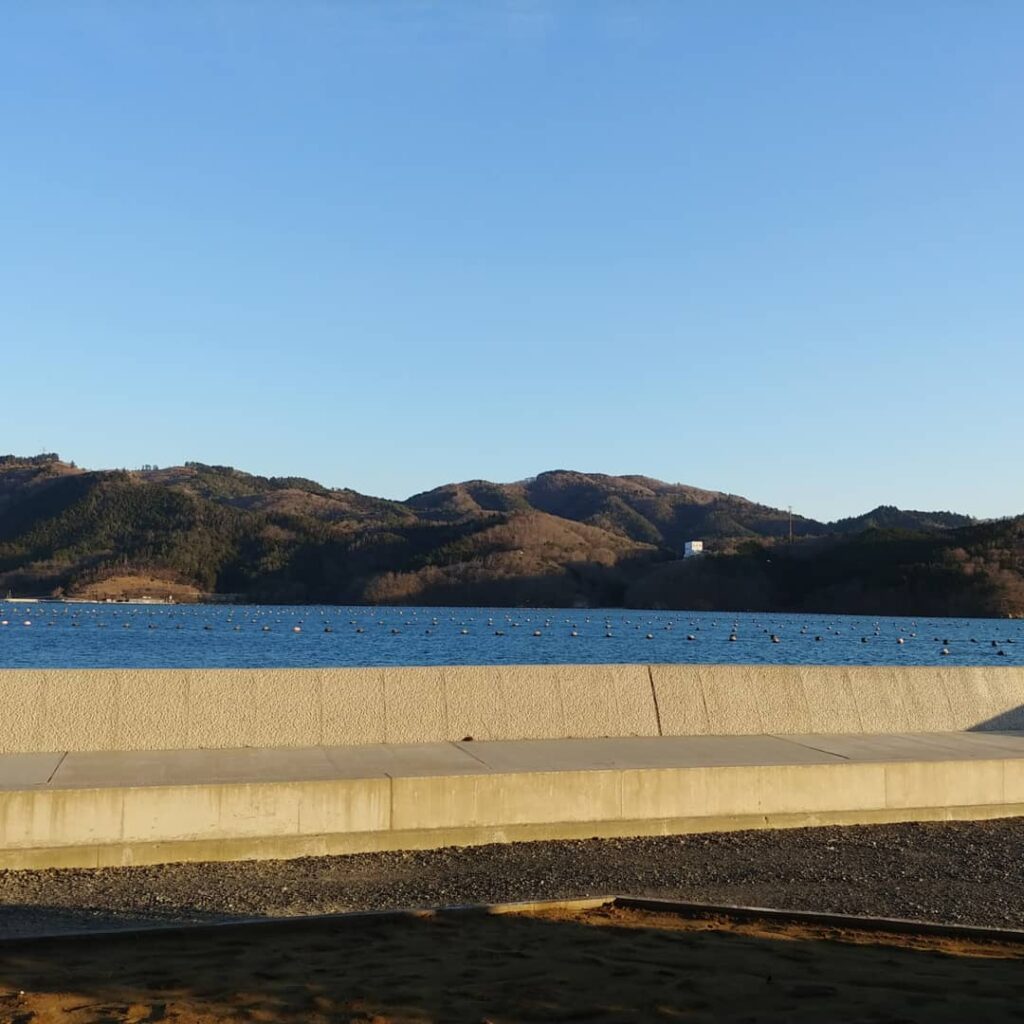 青空の下の女川湾と山並み