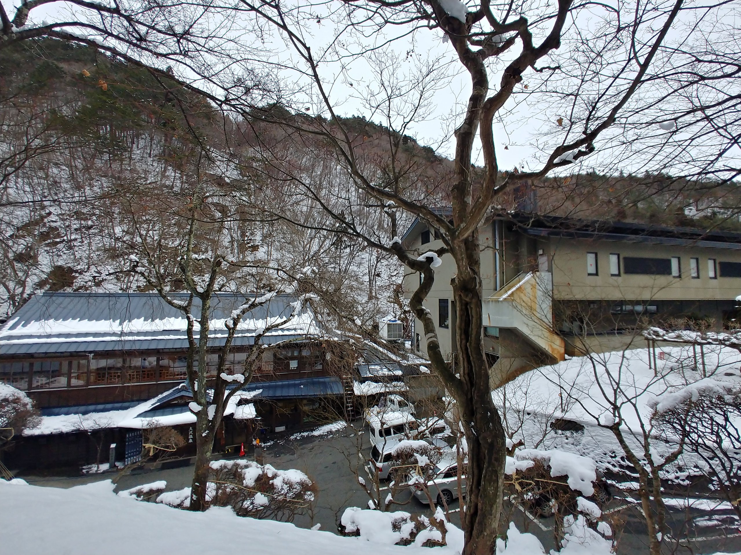雪をかぶった湯治屋の建物