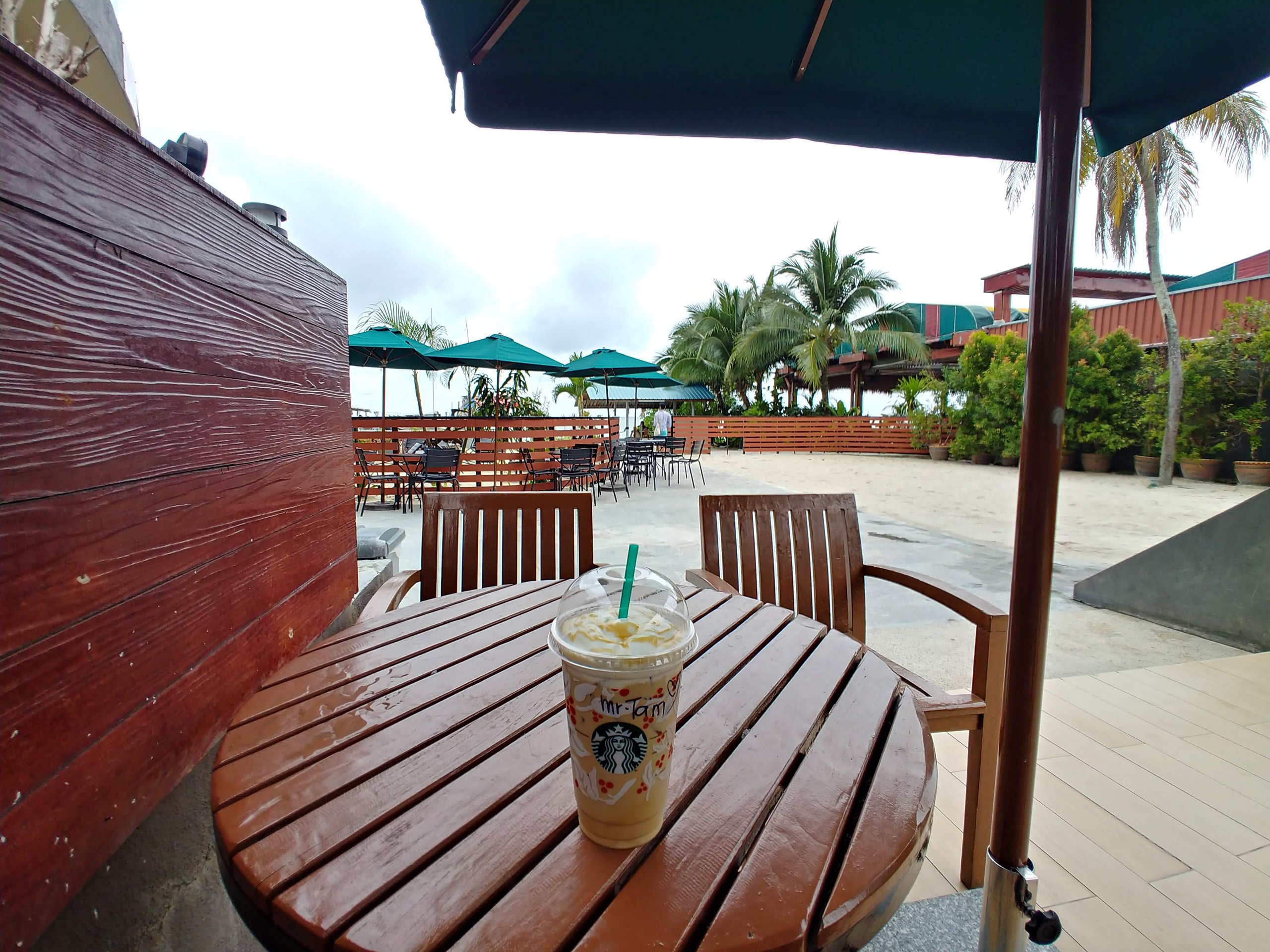 スターバックスのテラス席のフラペチーノと、ヤシの木
