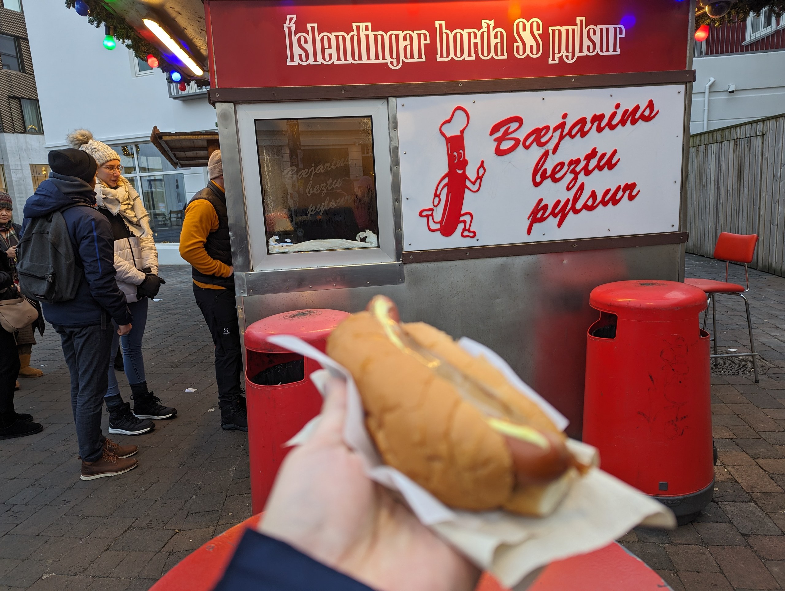 「Bæjarins beztu pylsur」の屋台の前で手にしたホットドッグ