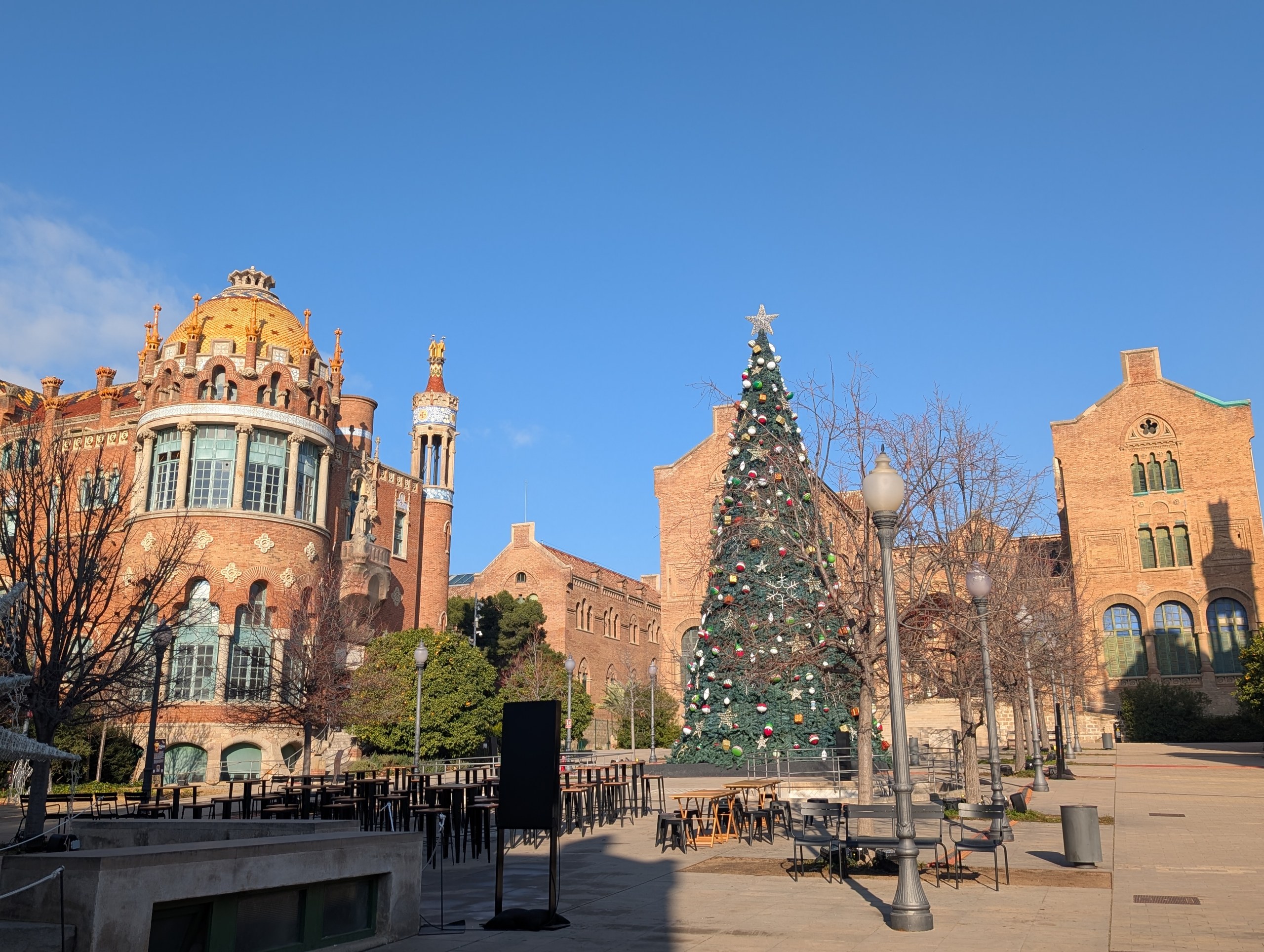 パビリオンの前の広場に立つ大きなクリスマスツリー