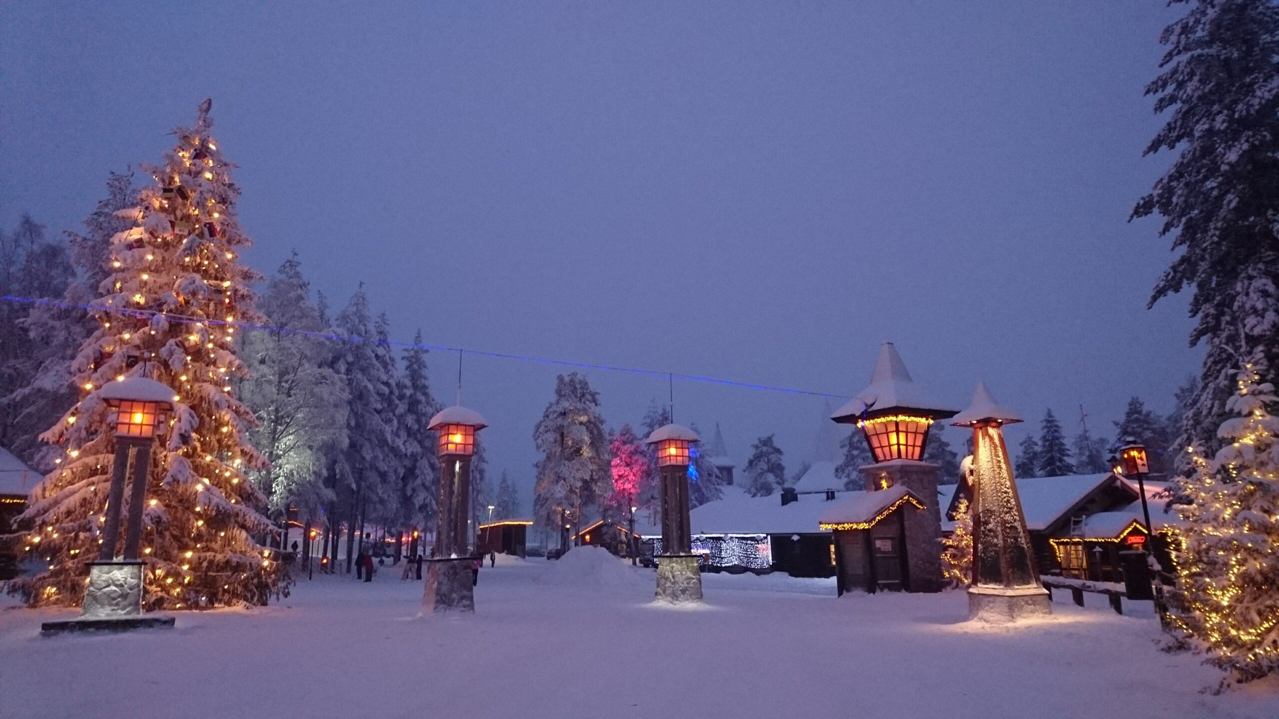 イルミネーションのクリスマスツリーと灯りが並ぶ、夕暮れのサンタクロース村