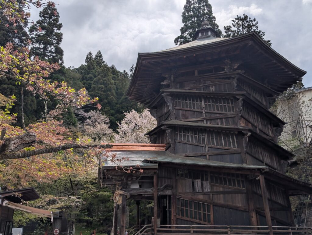 桜の咲くなかに立つさざえ堂