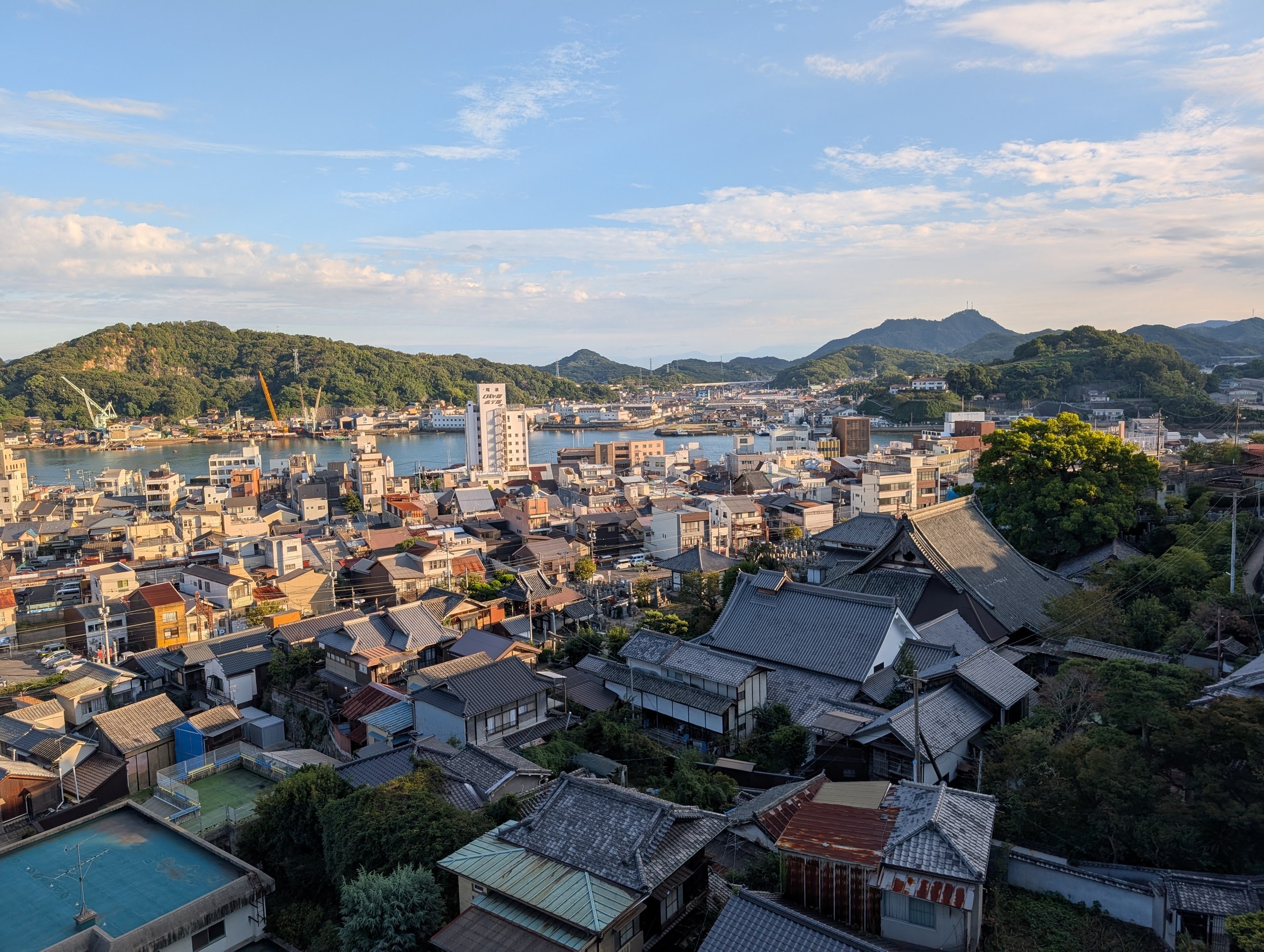 高台から見下ろした尾道の町並みと、海の向こうの島