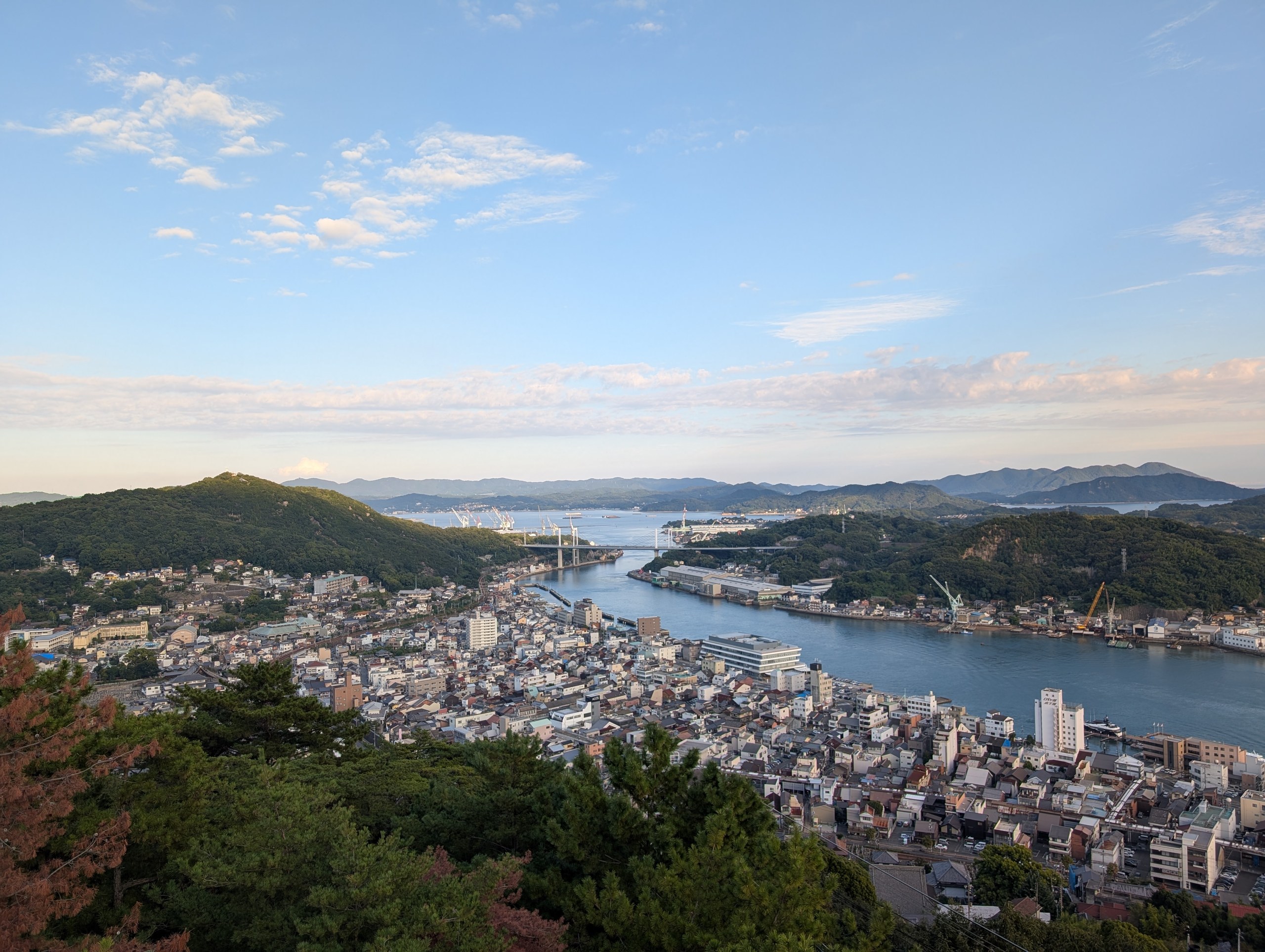 山の上から見た、尾道の町と細い海と橋