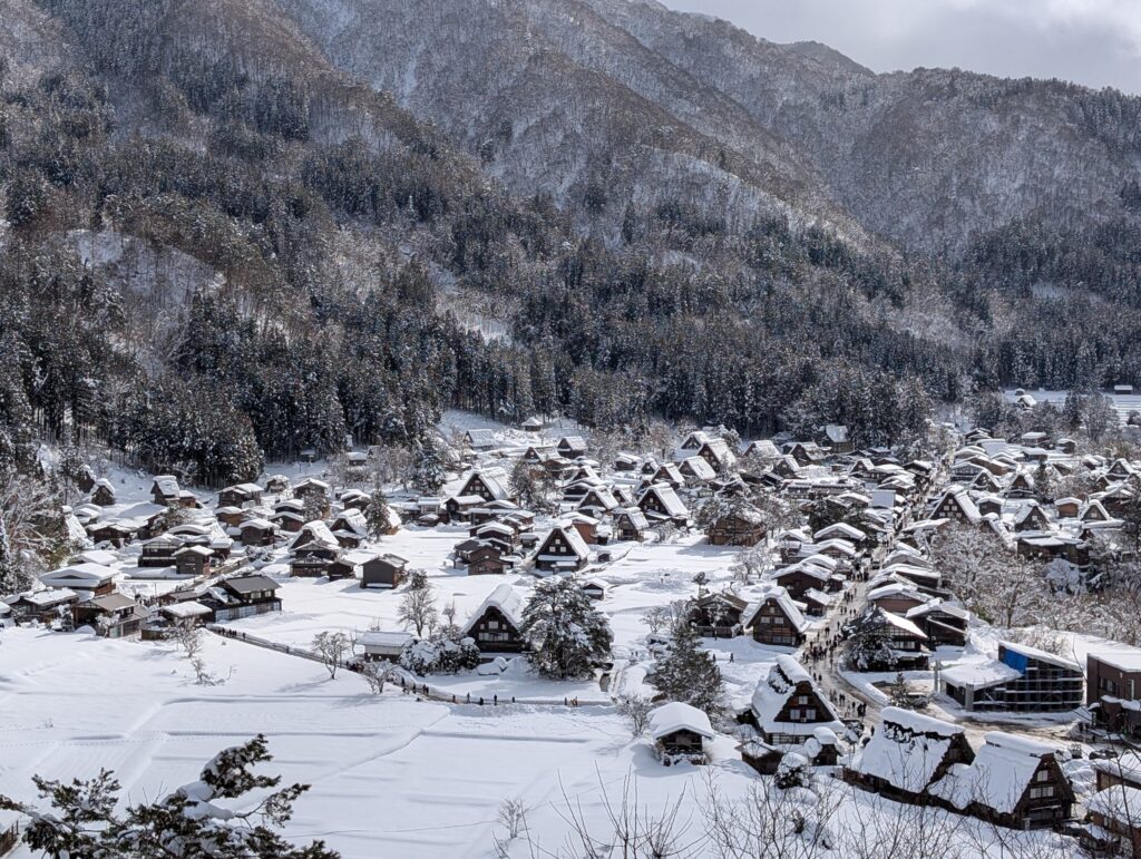 展望台から見下ろした、雪の白川郷