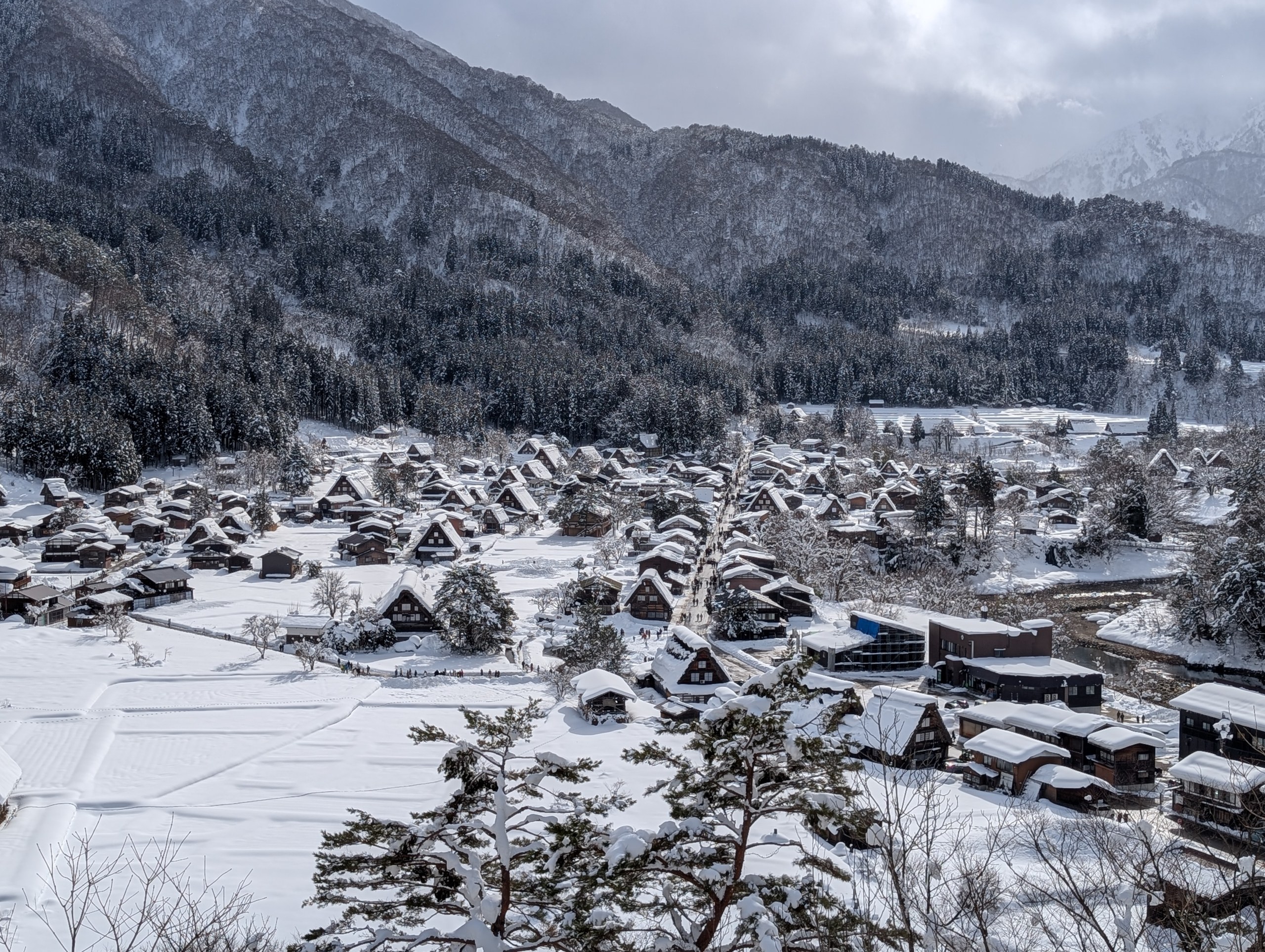 展望台から見た、雪の白川郷と山