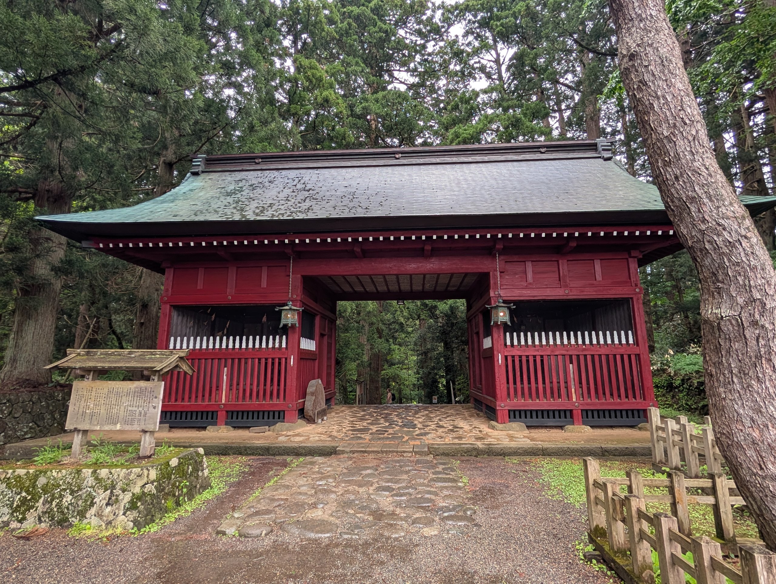 杉の森の入口に建つ、朱色の門