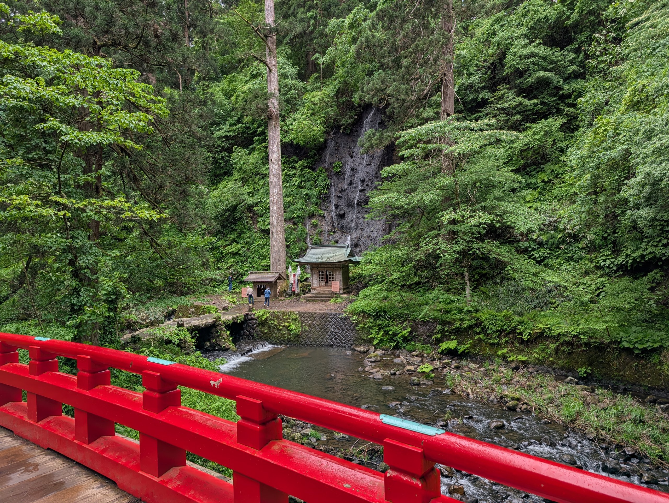 朱色の橋と、森の奥に流れ落ちる滝