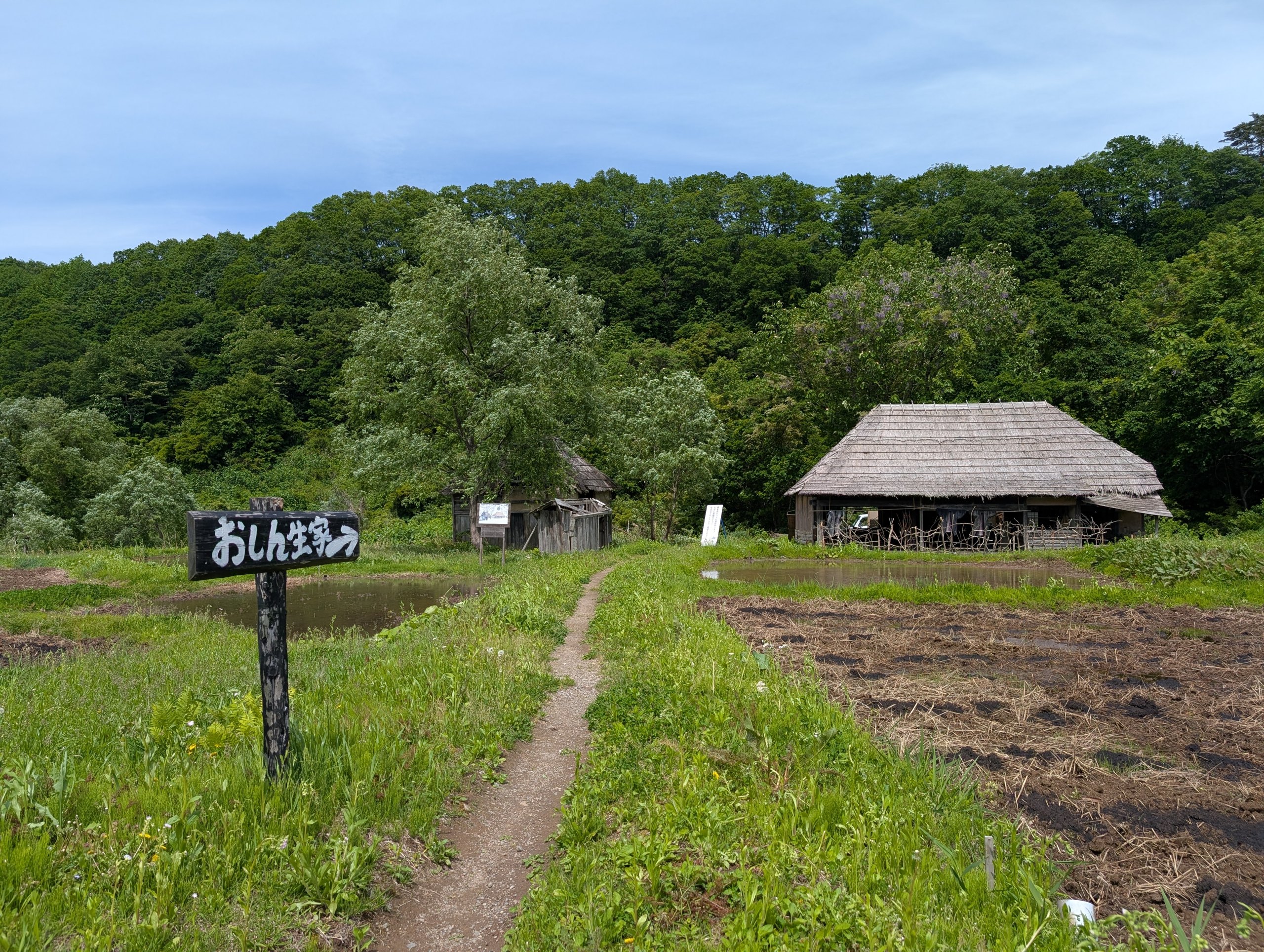 「おしん生家」と書かれた木の看板