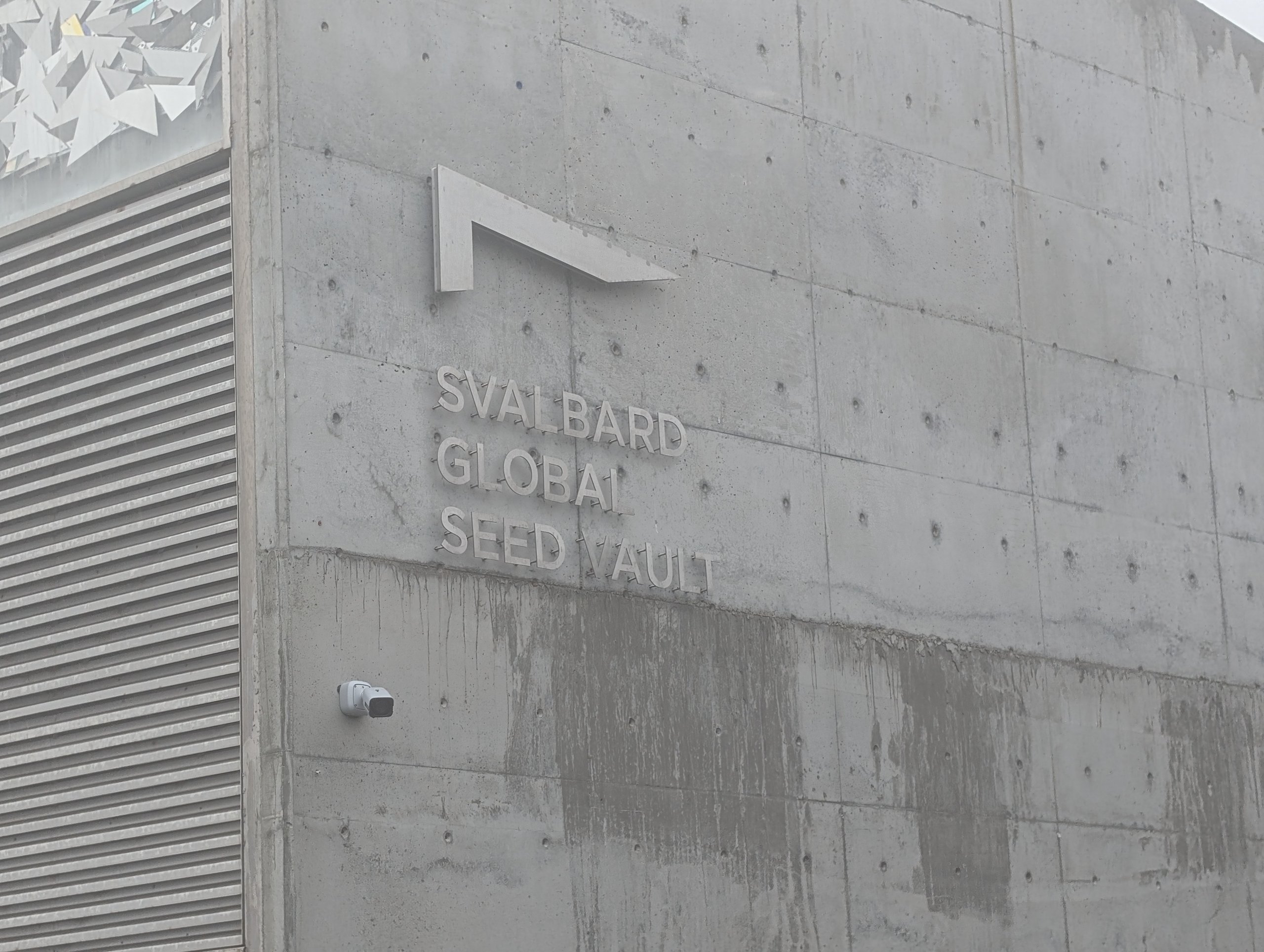 入口の壁の「SVALBARD GLOBAL SEED VAULT」の文字と、上の光る模様
