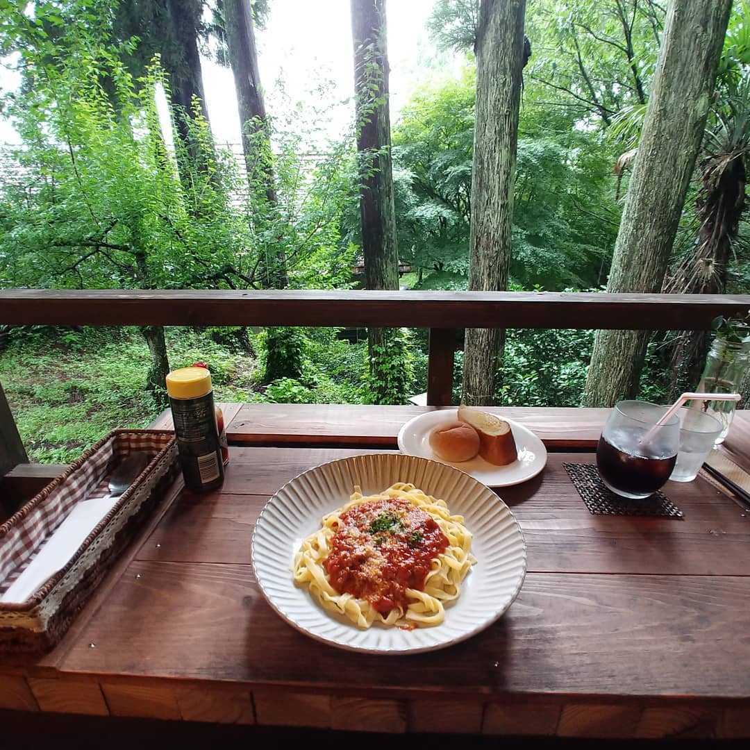 森を見下ろすテラス席のパスタとアイスコーヒー