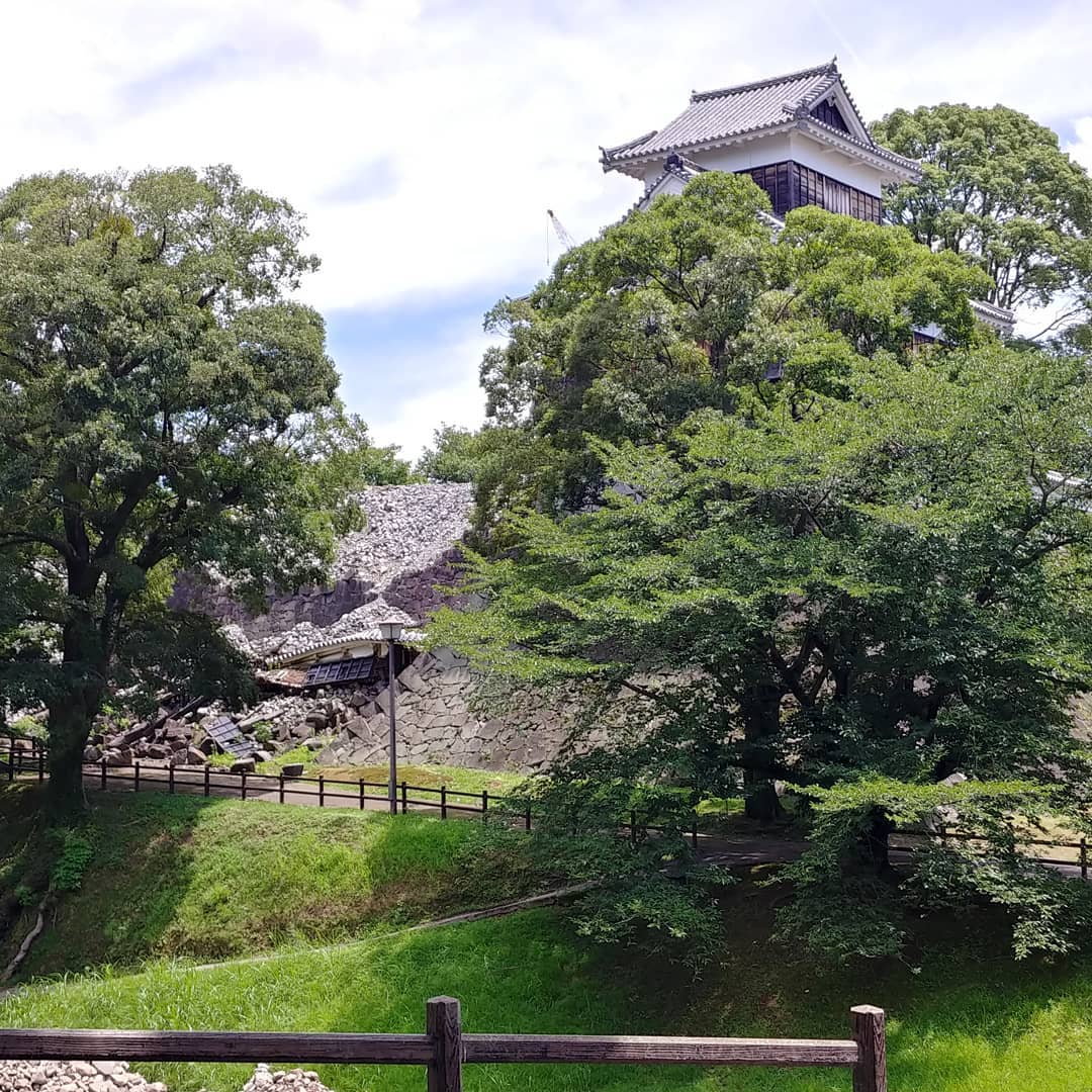 木々の向こうに見える熊本城と、崩れた石垣