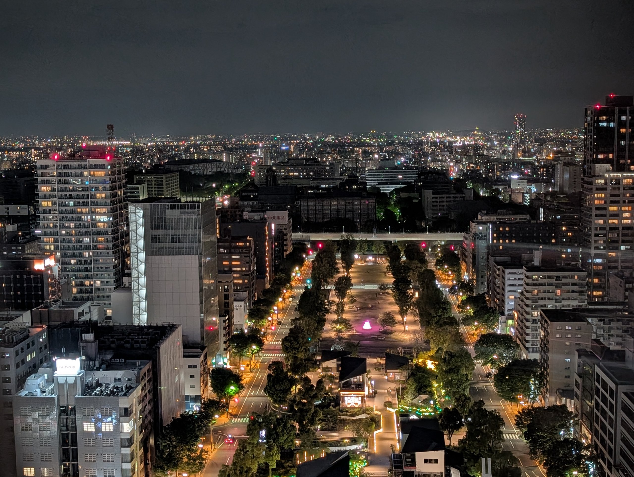 高いところから見た夜景。ビルの明かりと、まっすぐ延びる公園の光