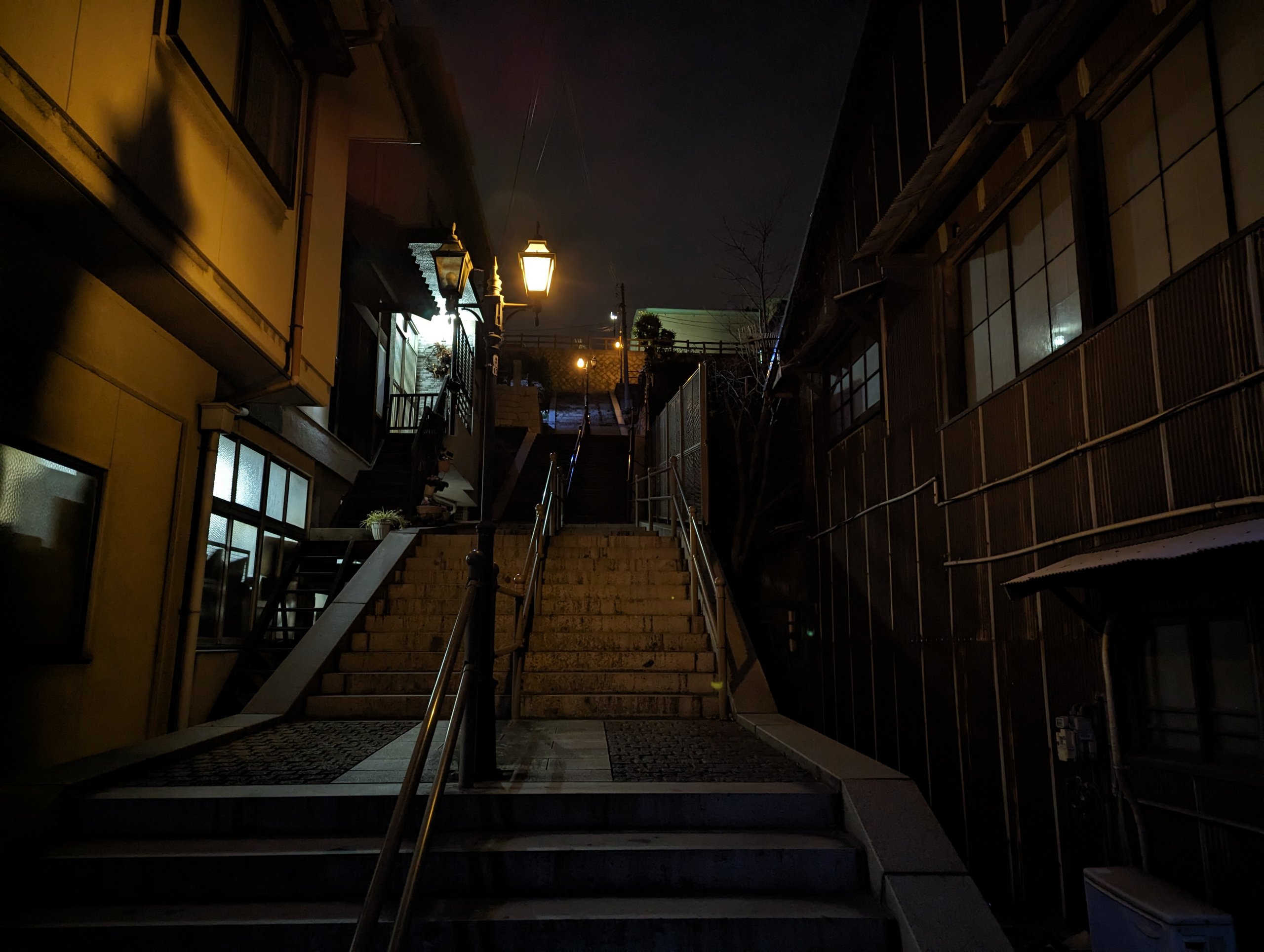 街灯に照らされた、夜の石段